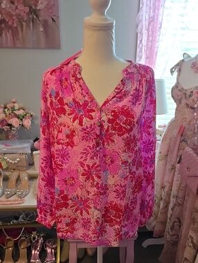 Lilly Pulitzer Pink & Fuchsia Floral V-Neck Elsa Blouse